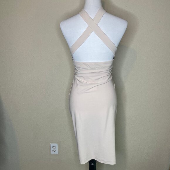 H&M NWT Beige Criss Cross Halter Back Bodycon Midi Dress L 12 Occasion Event - Picture 3 of 9